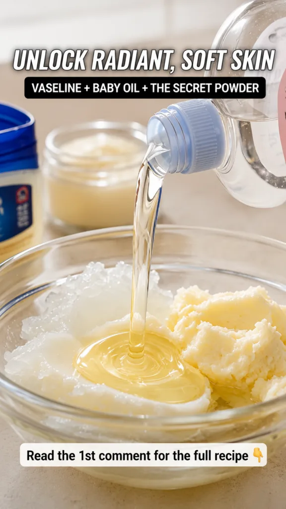 A close-up overhead view of ingredients being combined in a clear glass bowl A clear liquid pours from a translucent bot