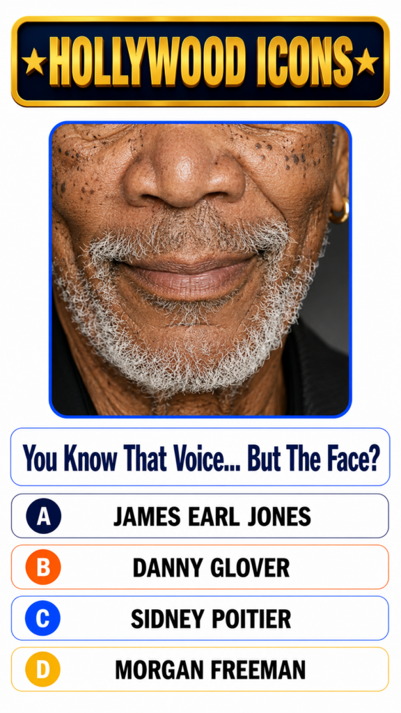 A quiz game screen featuring a close-up of a man s lower face with a gray beard and mustache A banner reads HOLLYWOOD IC