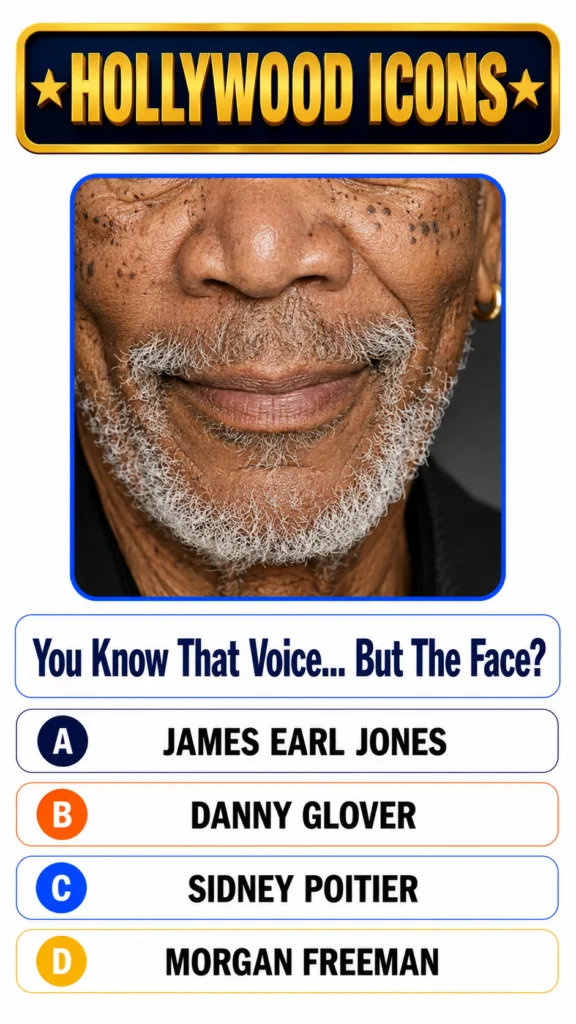 A quiz game screen featuring a close-up of a man s lower face with a gray beard and mustache A banner reads HOLLYWOOD IC