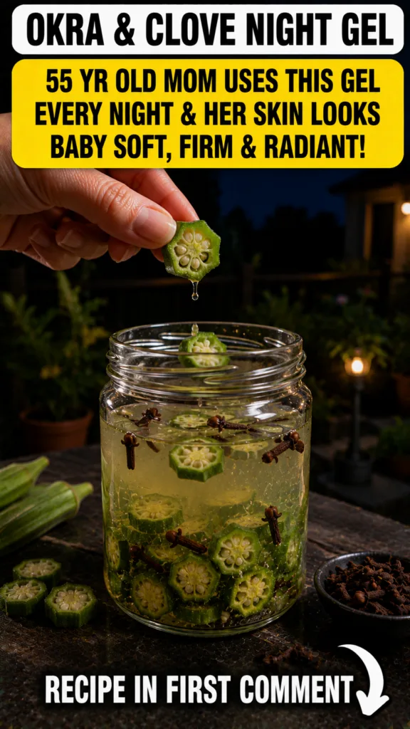 A hand holding a slice of okra above a glass jar filled with yellowish liquid okra slices and whole cloves with a drople