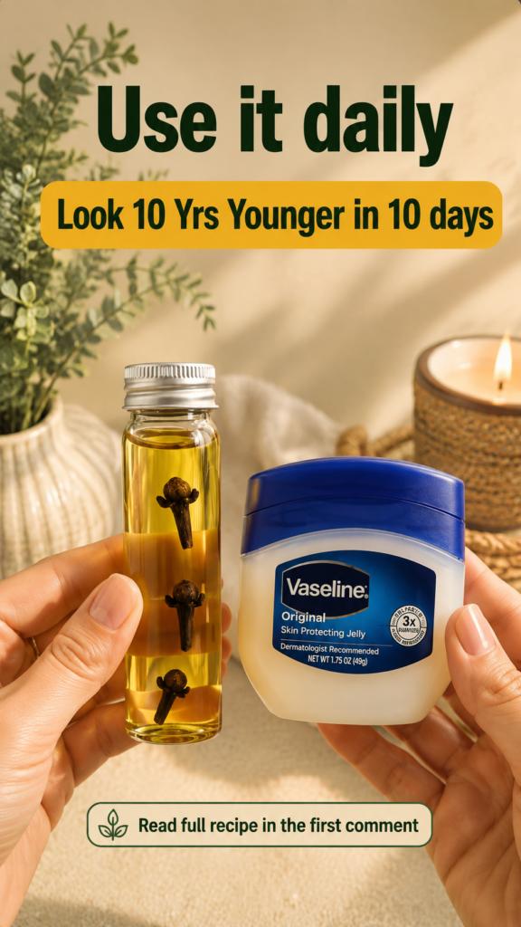 Hands holding a small glass bottle of clove oil next to a jar of Vaseline with a warm natural background