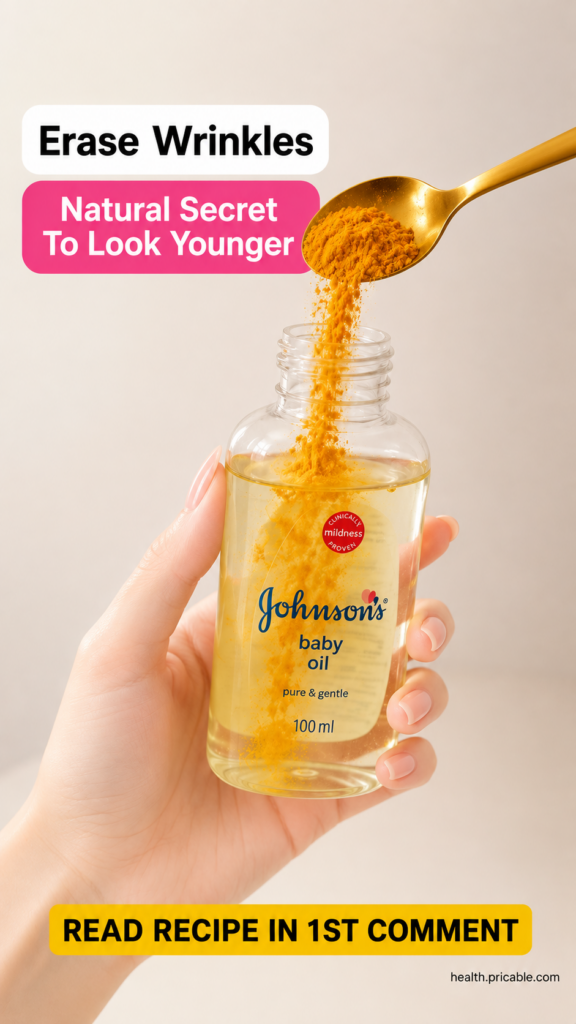 A hand gently pouring golden turmeric powder from a spoon into a clear bottle of baby oil showing the ingredients being 