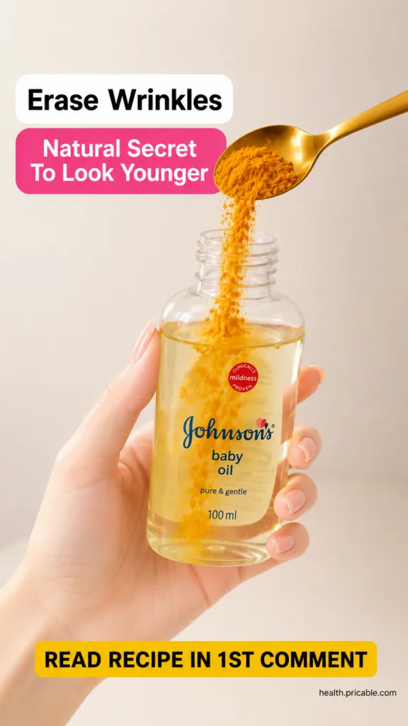 A hand gently pouring golden turmeric powder from a spoon into a clear bottle of baby oil showing the ingredients being 