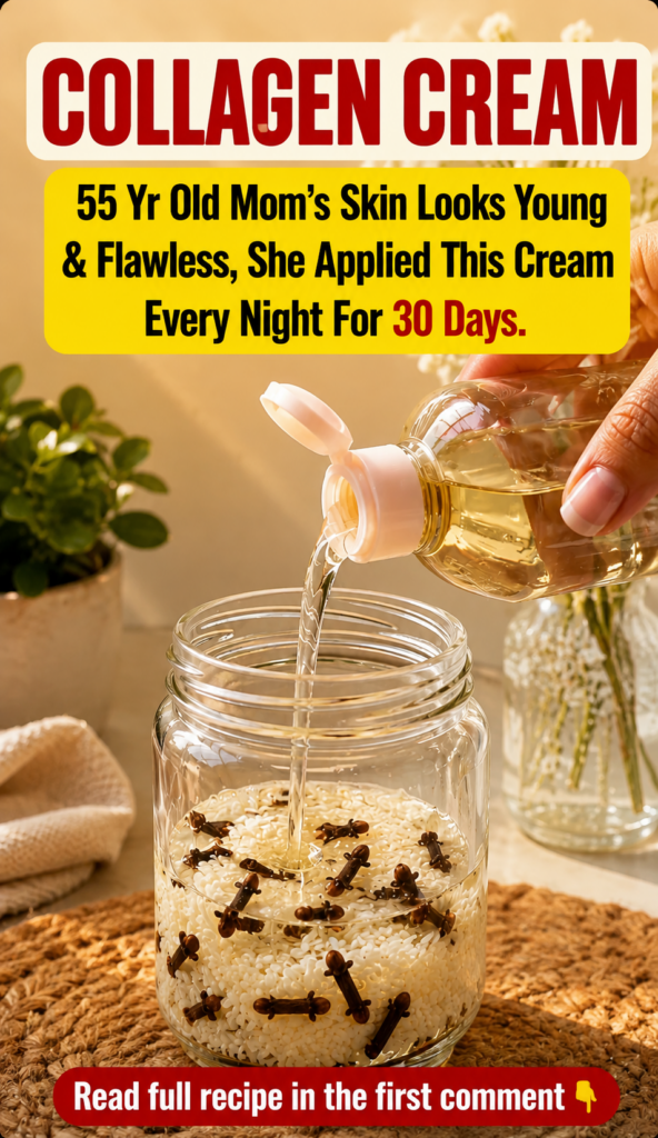 A hand pouring a clear liquid from a small bottle into a glass jar containing white rice grains and dark cloves set in w