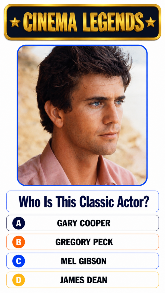 A framed portrait of a young Mel Gibson looking slightly to the right with tousled dark hair and light blue eyes wearing