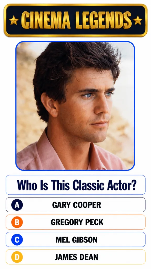A framed portrait of a young Mel Gibson looking slightly to the right with tousled dark hair and light blue eyes wearing