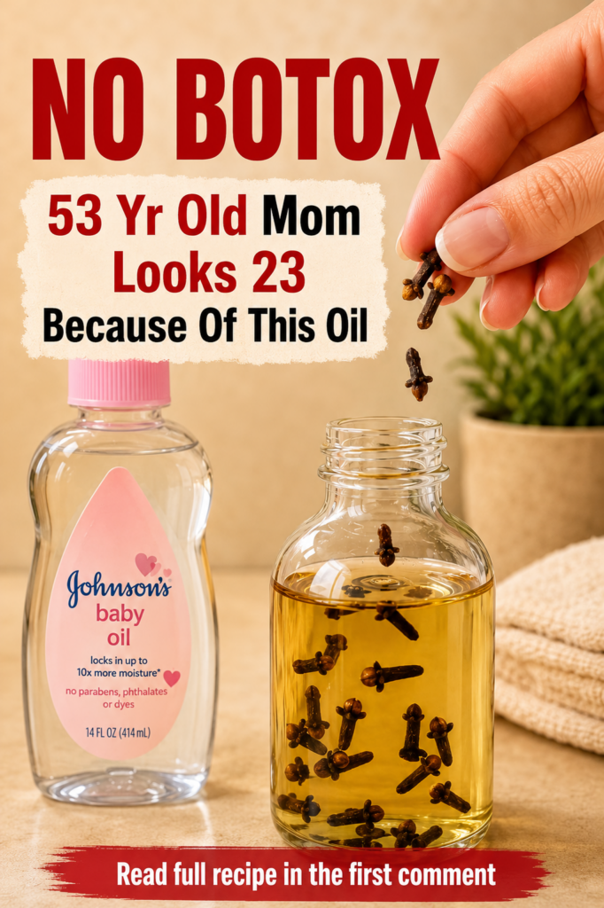 A hand gently dropping cloves into a clear bottle filled with golden oil next to a bottle of Johnson s baby oil with a p