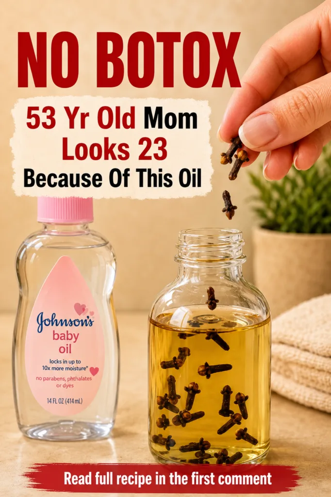 A hand gently dropping cloves into a clear bottle filled with golden oil next to a bottle of Johnson s baby oil with a p