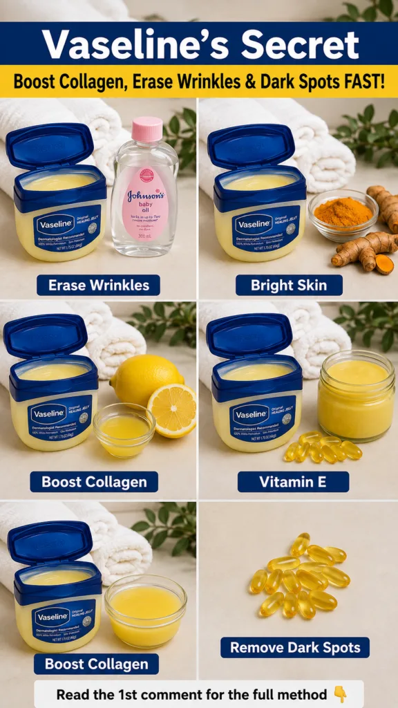 A multi-panel infographic showcasing different combinations of Vaseline Healing Jelly with natural ingredients like baby