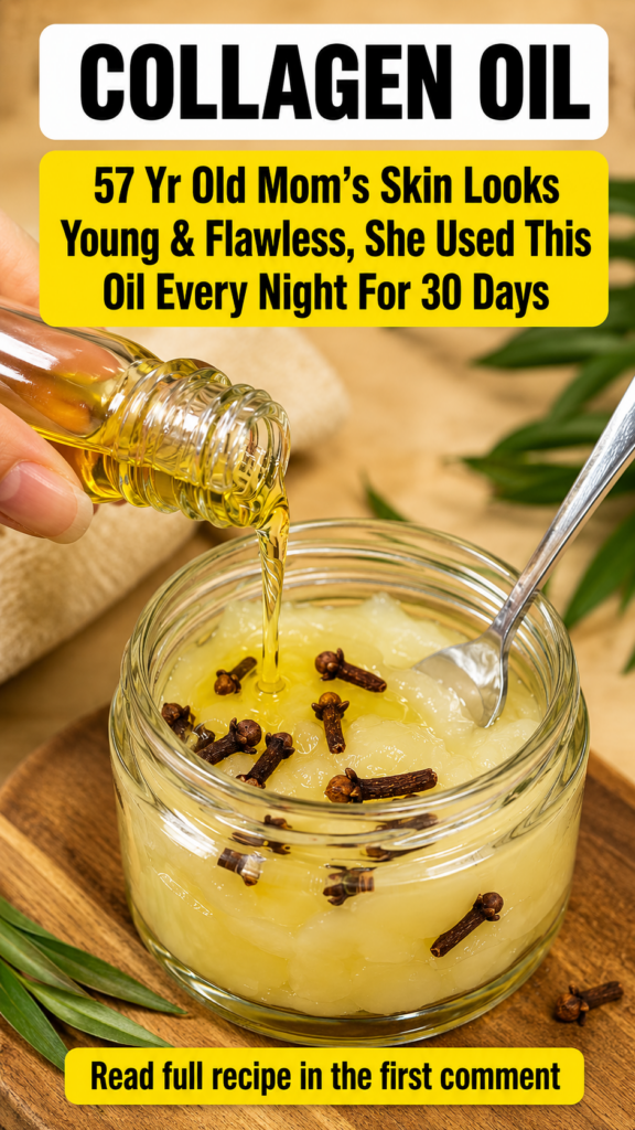 A hand pouring golden liquid from a small glass bottle into a clear jar filled with a light yellow viscous substance and