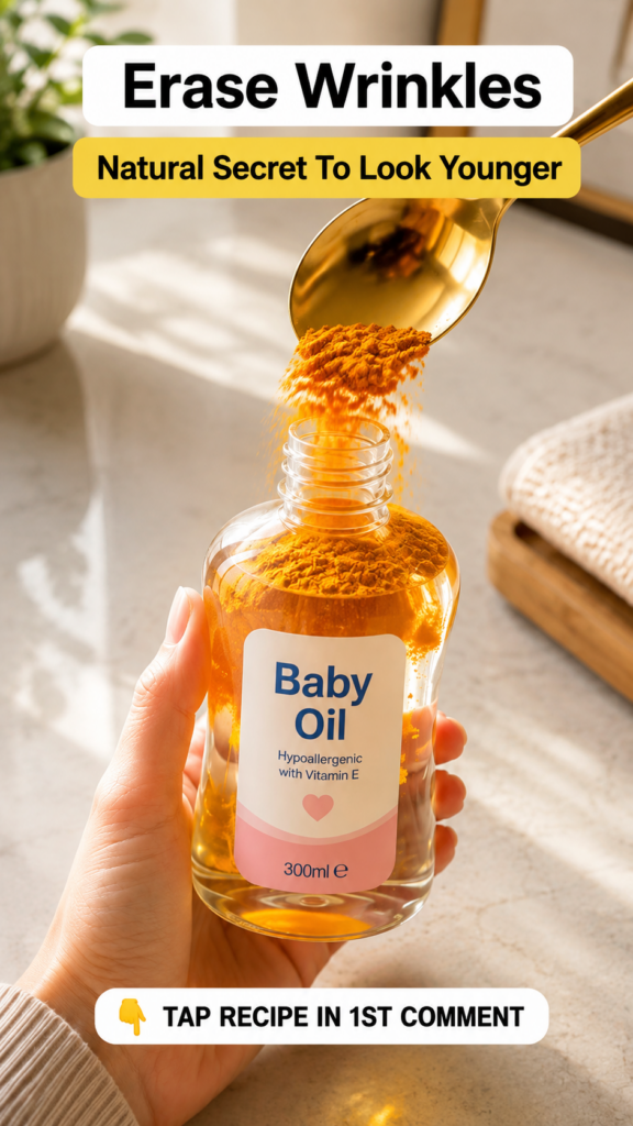 A hand holding a bottle of baby oil while pouring golden turmeric powder from a spoon into it focusing on the preparatio