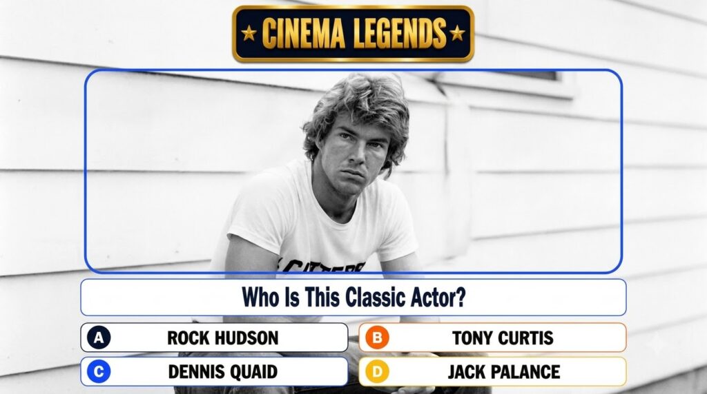 A quiz interface with a black and white headshot of a young Dennis Quaid framed in blue under a gold and blue banner rea