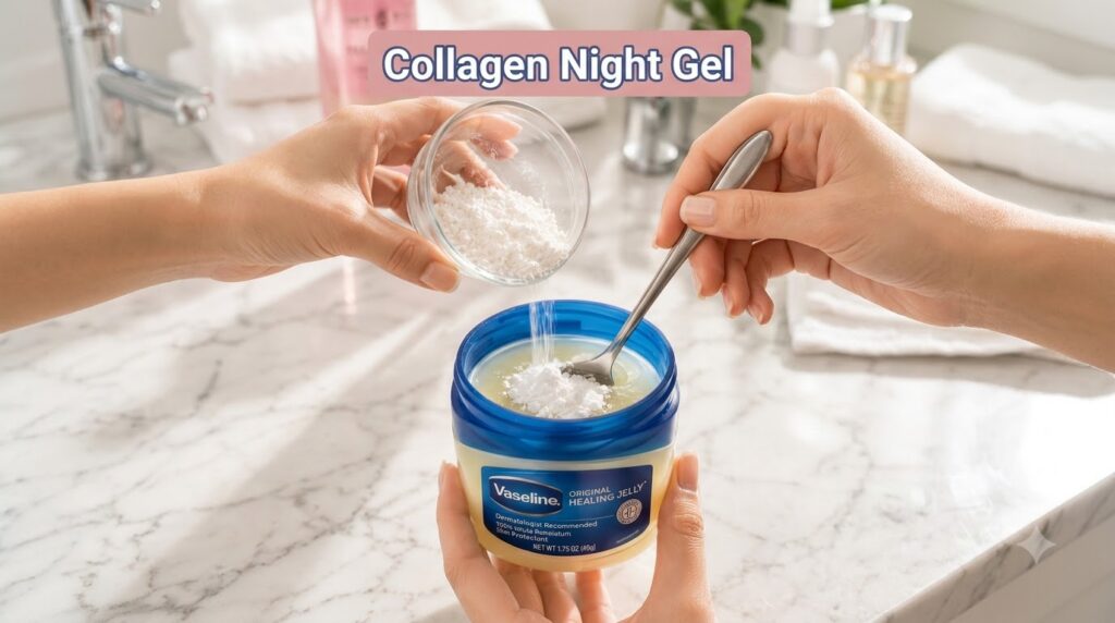 Close-up of hands preparing a homemade collagen night gel pouring white powder into a jar of petroleum jelly with a spoo