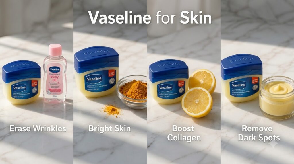 A four-panel grid showing jars of Vaseline Original Healing Jelly paired with different ingredients for various skin ben