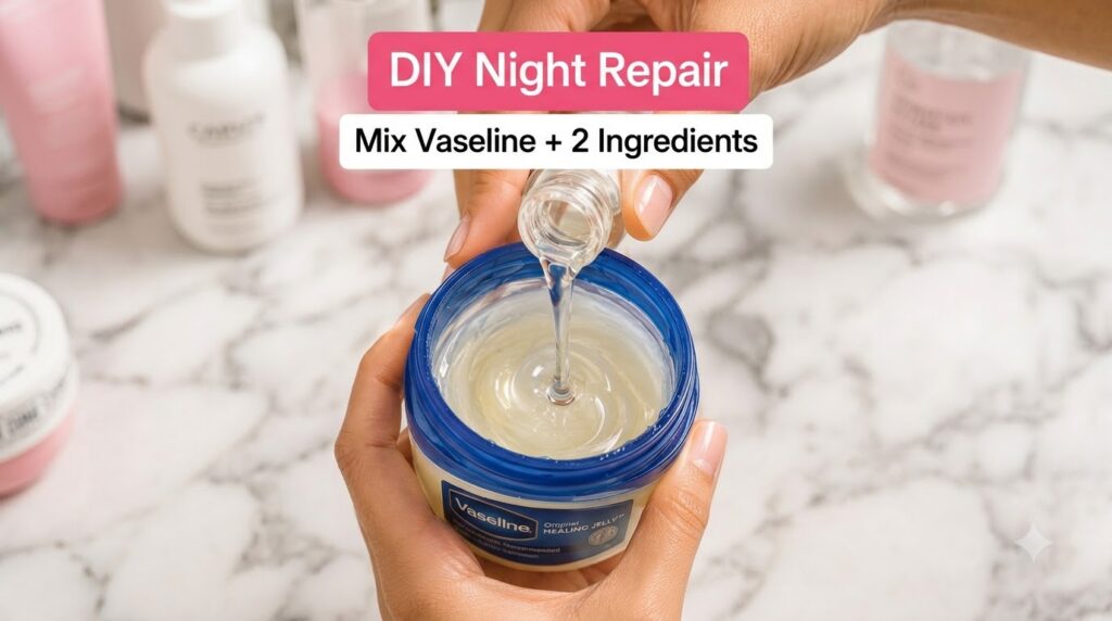 Close-up of hands mixing a clear liquid from a small glass bottle into an open jar of Vaseline jelly on a light marble s