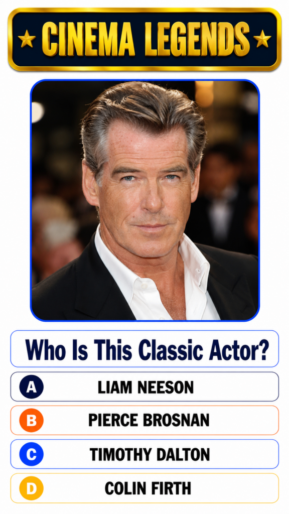 A mobile quiz interface featuring a headshot of actor Pierce Brosnan framed with a blue border under a CINEMA LEGENDS ba