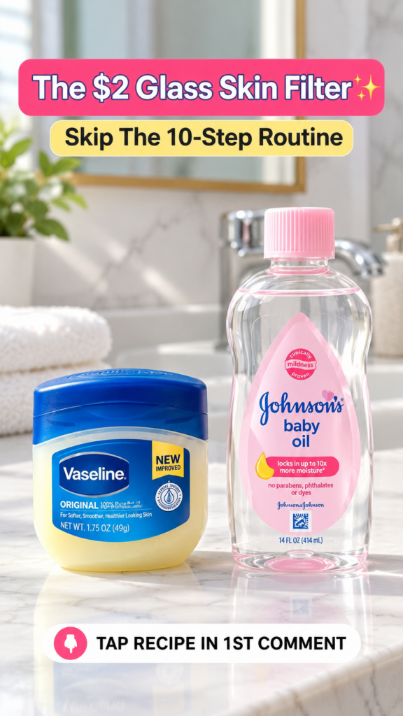 Jar of Vaseline and bottle of Johnson s Baby Oil on a reflective marble countertop in a modern bathroom setting with a 2