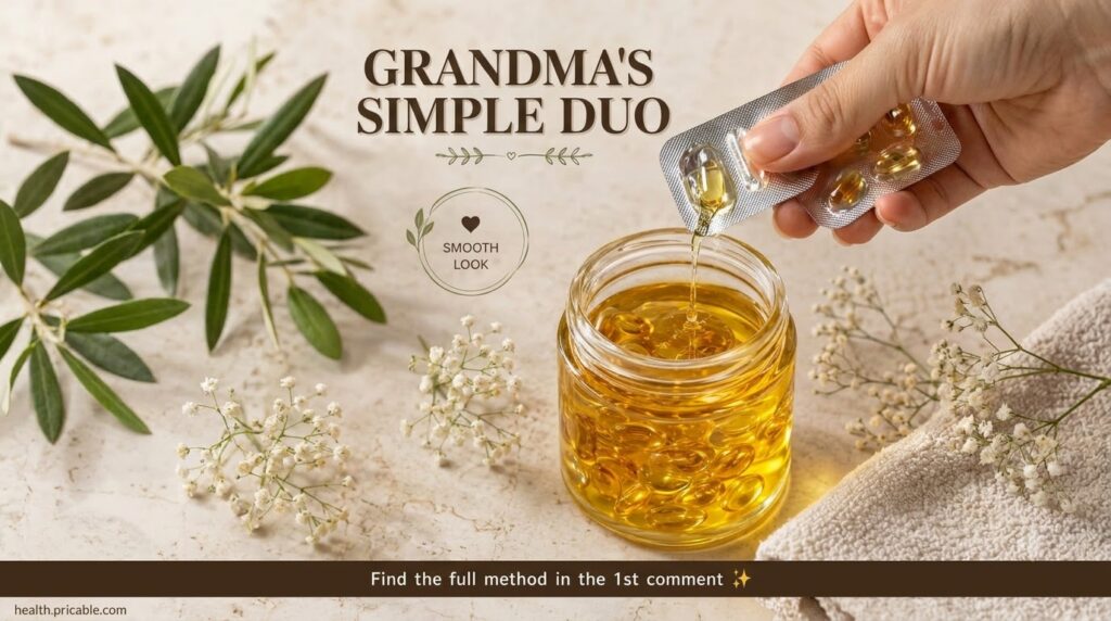 A hand squeezing a golden softgel capsule into a small glass jar containing more golden liquid and capsules surrounded b