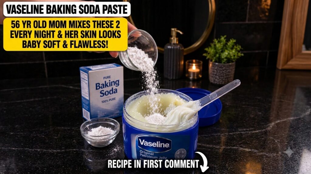 A hand pouring white baking soda powder from a small glass bowl into a larger blue jar of Vaseline Petroleum Jelly with 