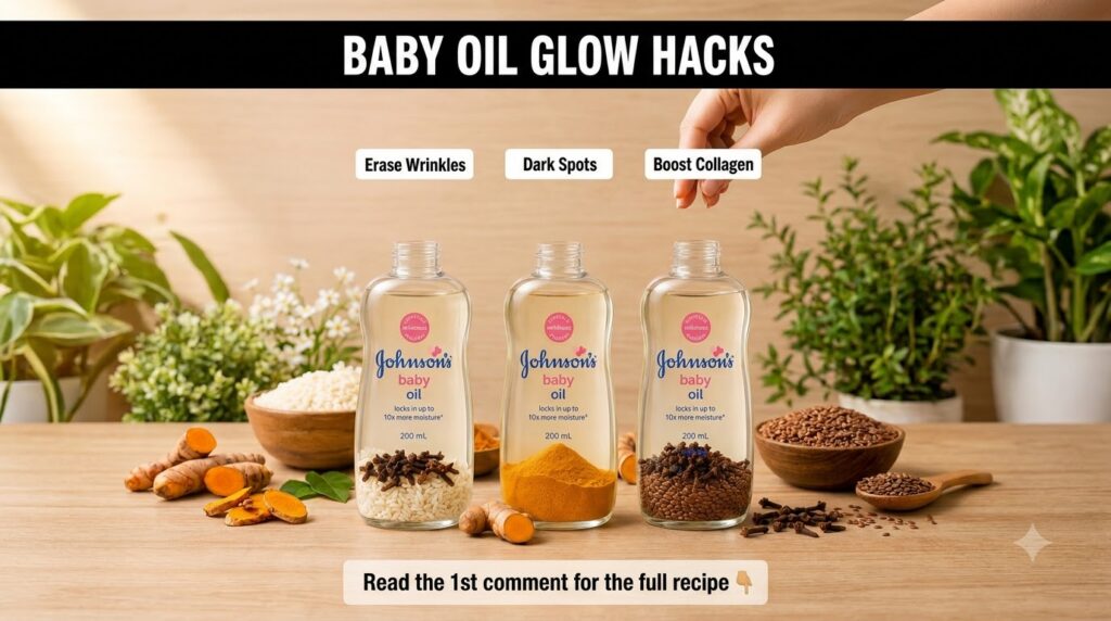 Three bottles of Johnson s baby oil infused with natural ingredients like cloves rice turmeric and flax seeds displayed 