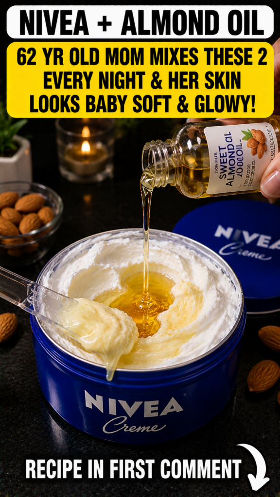 A close-up of a blue Nivea Creme jar with sweet almond oil being poured into it a spoon inside the jar and scattered alm