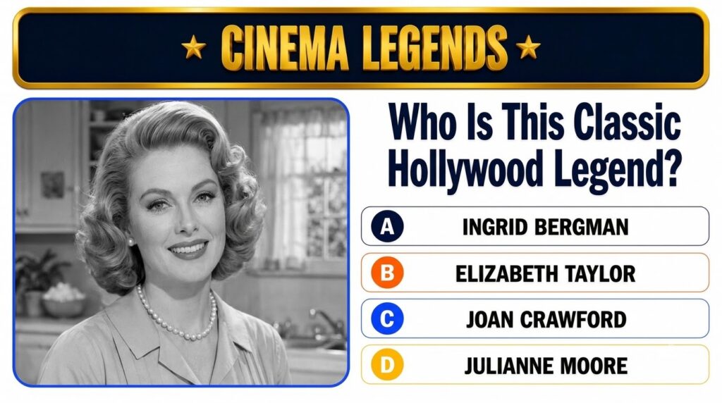 A black-and-white portrait of a smiling woman in a pearl necklace and earrings framed within a quiz graphic asking to id