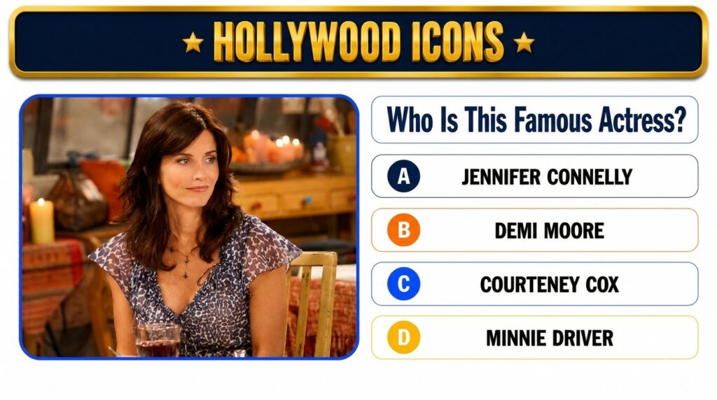 A trivia game interface showing a portrait of actress Courteney Cox She is seated wearing a patterned top with a glass o