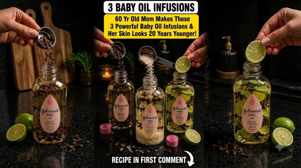 Three bottles of baby oil on a dark surface Hands pour cloves into one and rice into another A third bottle contains lim