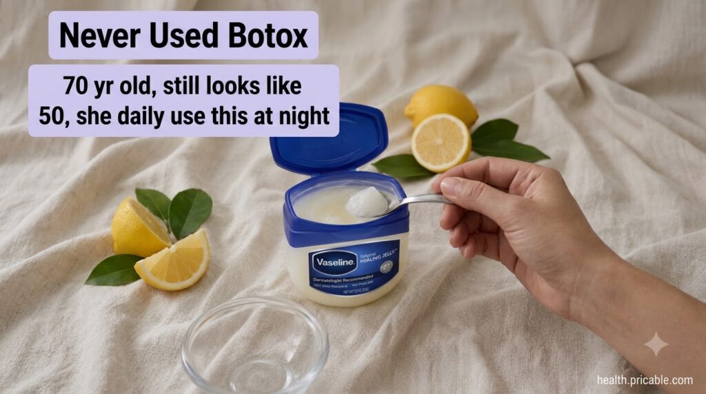 A jar of Vaseline and fresh lemons on a light background with a hand gently mixing ingredients with a spoon