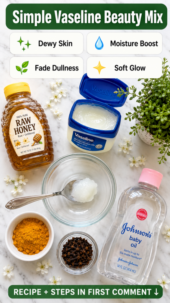 Overhead flat lay of DIY beauty ingredients including Vaseline raw honey Johnson s baby oil a bowl with coconut oil turm