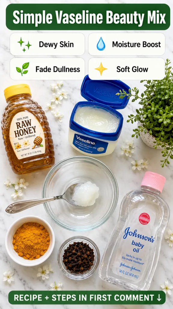 Overhead flat lay of DIY beauty ingredients including Vaseline raw honey Johnson s baby oil a bowl with coconut oil turm