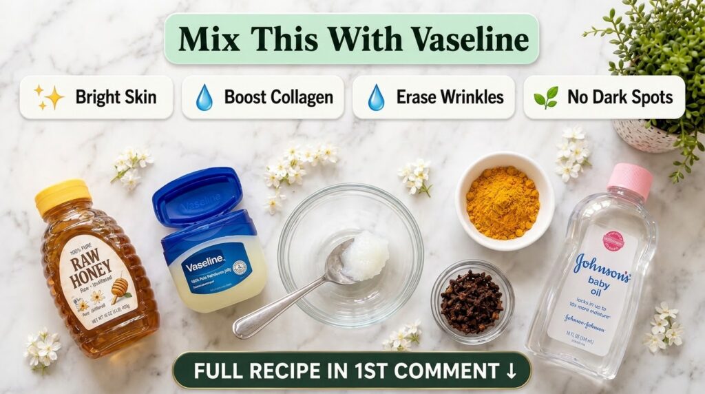 A flat lay of DIY skincare ingredients including an open jar of Vaseline a bottle of honey a bowl of turmeric powder and