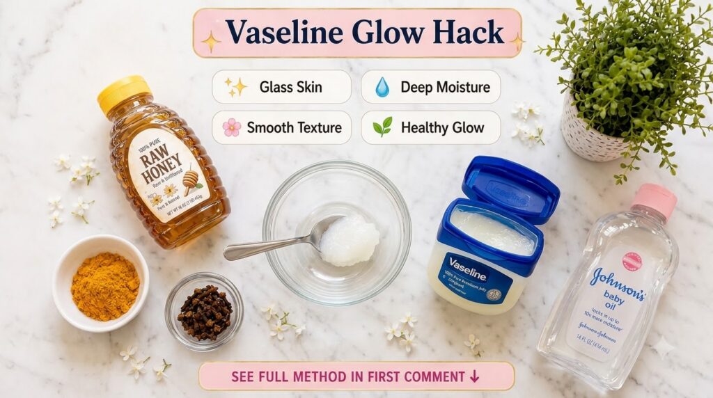 A flat lay of ingredients for the Vaseline Glow Hack on a white marble surface including an open tub of Vaseline a bottl