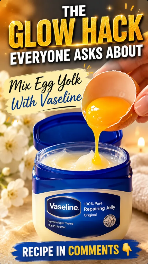 An egg yolk dripping from an eggshell into an open jar of Vaseline The background is softly blurred with white flowers a