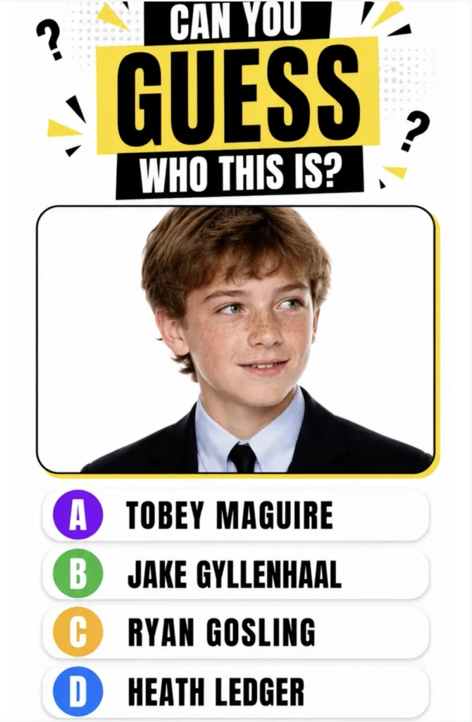 A quiz image asking CAN YOU GUESS WHO THIS IS with a portrait of a young Tobey Maguire in a suit and four options Tobey 