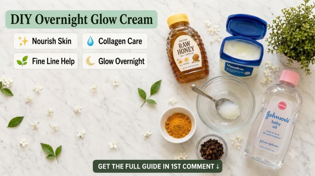 Flat lay of ingredients for a DIY overnight glow cream including honey Vaseline baby oil turmeric powder and cloves on a