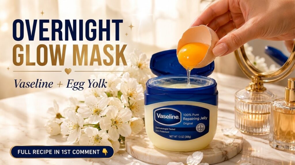 A hand holding a cracked egg with a vibrant yolk over an open jar of Vaseline Original Petroleum Jelly with delicate whi
