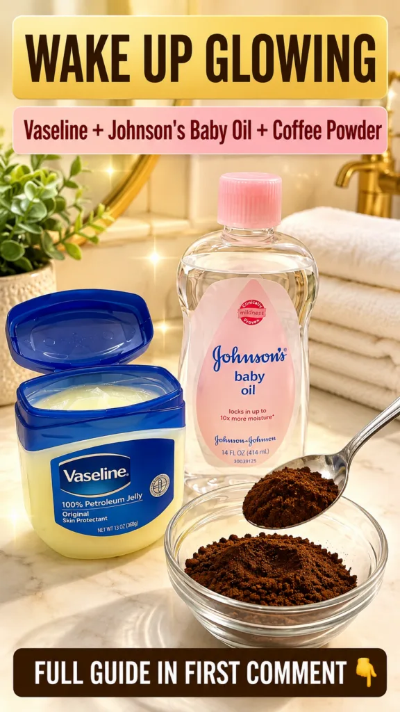 Three DIY beauty ingredients an open jar of Vaseline a bottle of Johnson s Baby Oil and a glass bowl with coffee powder 