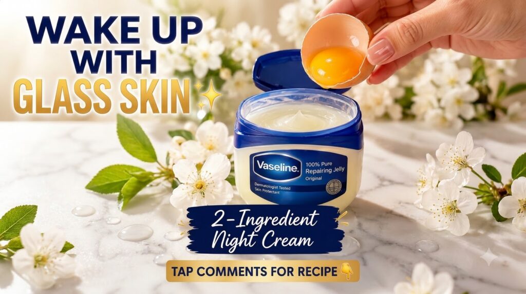 A jar of Vaseline a hand holding a cracked egg with yolk above it white flowers and water droplets on a marble surface s