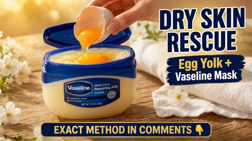 A hand cracking an egg with the bright yellow yolk pouring into an open jar of Vaseline petroleum jelly set against a wa