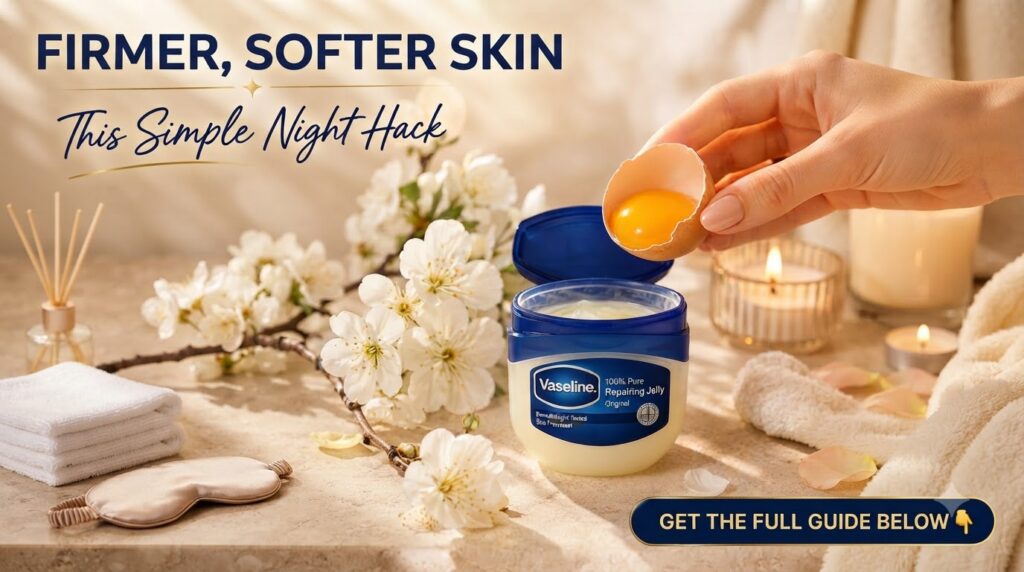 A hand holding a cracked eggshell with a vibrant yellow yolk over an open jar of Vaseline White flowers and a lit candle