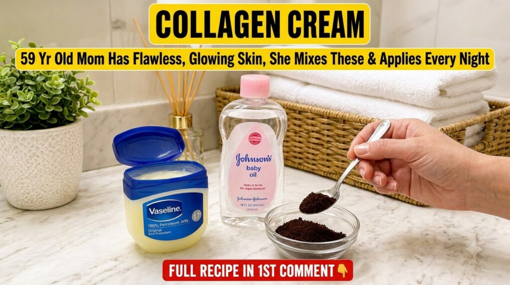 A collection of ingredients for a homemade beauty recipe including an open jar of Vaseline petroleum jelly a bottle of J