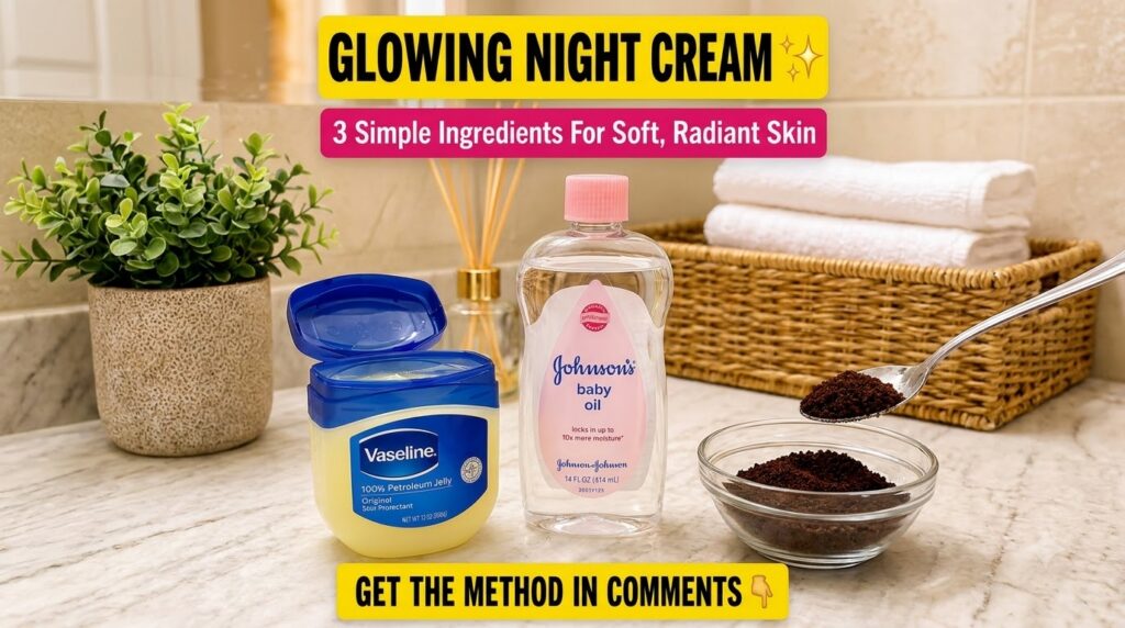 A DIY beauty setup with an open jar of Vaseline a bottle of Johnson s Baby Oil and a bowl of ground coffee with a spoon 