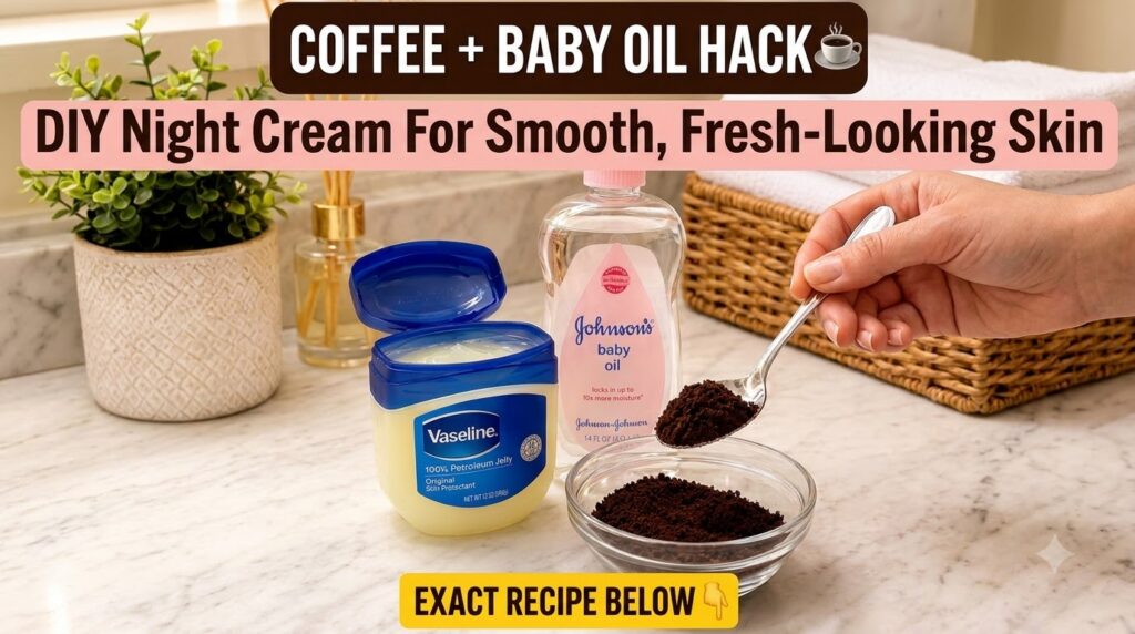 A collection of ingredients for a DIY beauty hack an open jar of Vaseline a bottle of Johnson s Baby Oil and a bowl of g