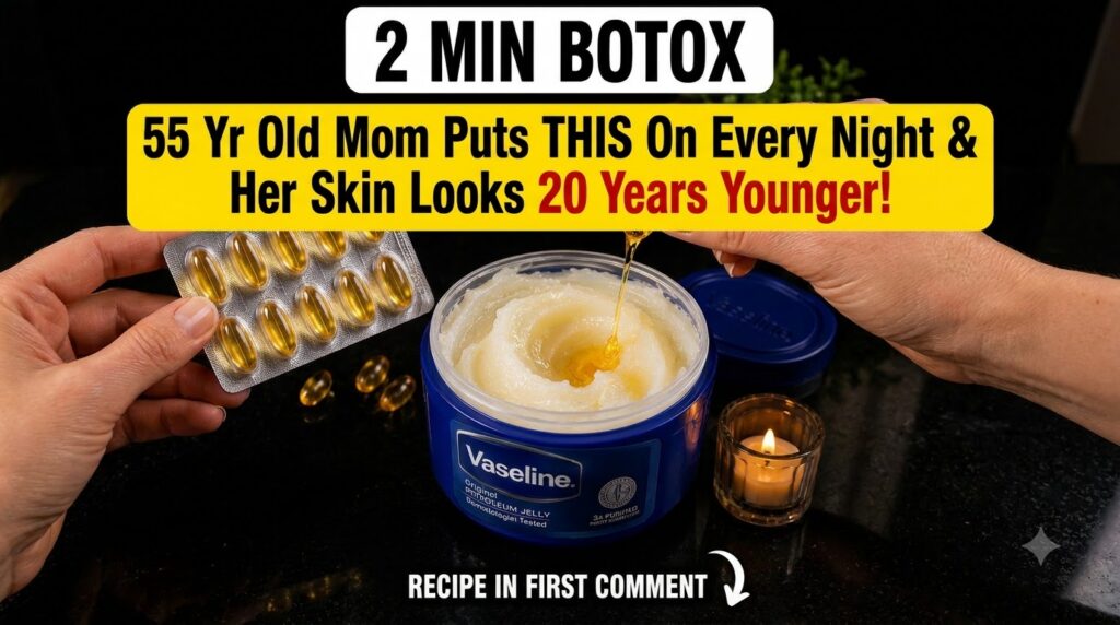 Hands squeezing a golden Vitamin E capsule into a small jar of Vaseline There are other capsules and a lit candle on a d