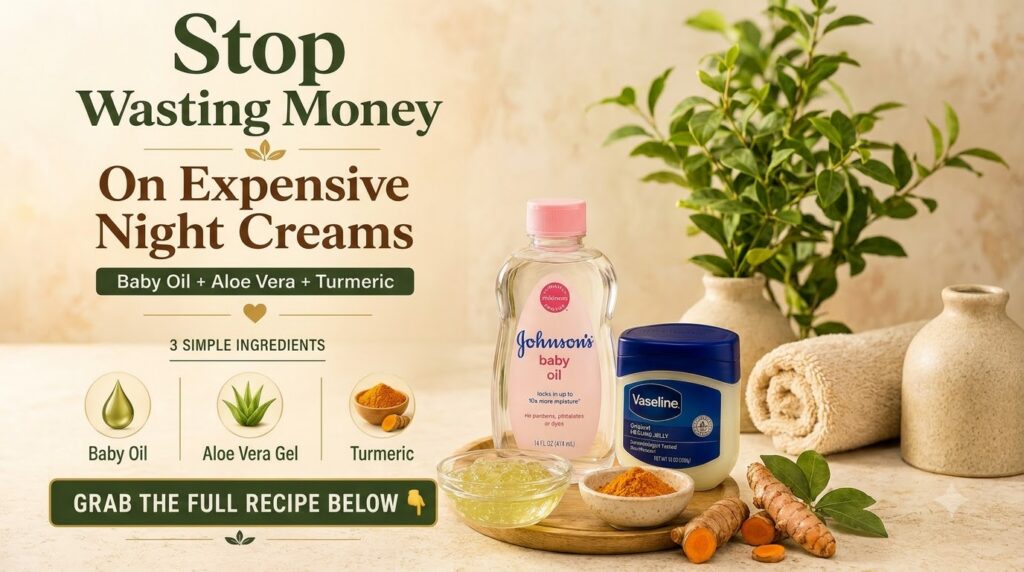 A flat lay of ingredients for a DIY night cream including bottles of baby oil and Vaseline a bowl of aloe vera gel turme