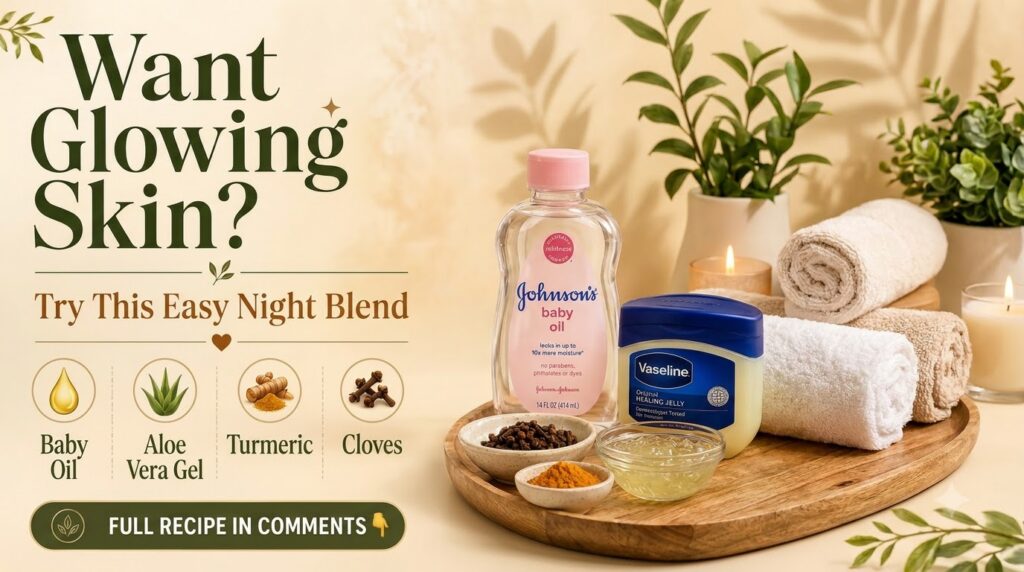 Ingredients for a DIY night blend a bottle of Johnson s Baby Oil a jar of Vaseline Healing Jelly and small bowls contain