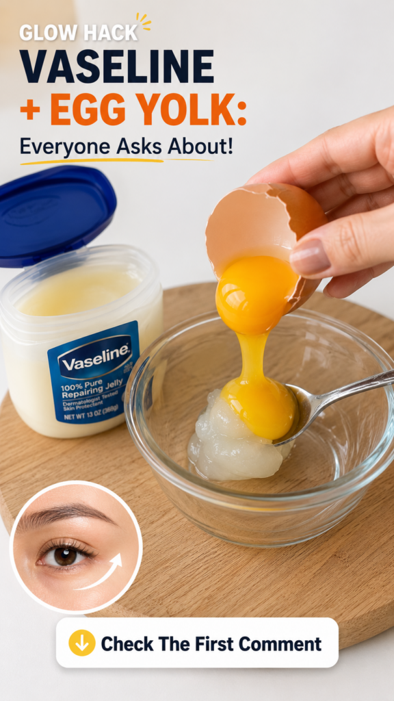 A hand pouring an egg yolk from a cracked eggshell into a spoon resting in a glass bowl with Vaseline on a light wooden