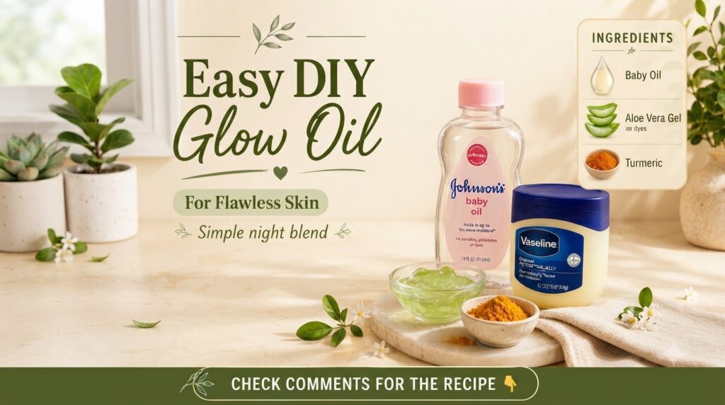 Ingredients for a DIY glow oil including Johnson s Baby Oil Vaseline aloe vera gel and turmeric powder displayed in thei
