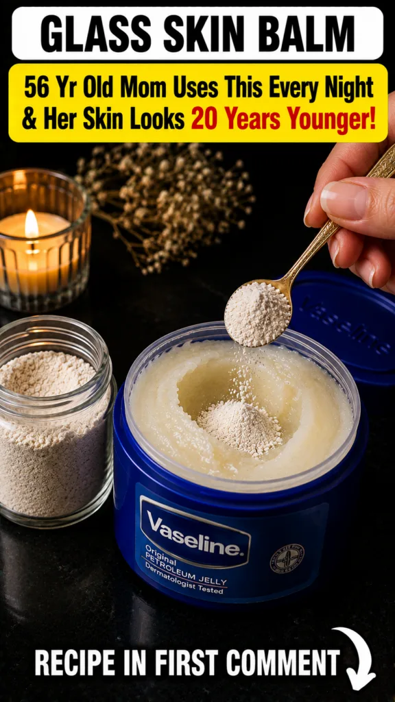 A close-up shot of a hand holding a spoon with fine white rice powder about to drop it into a blue jar of Vaseline A sma